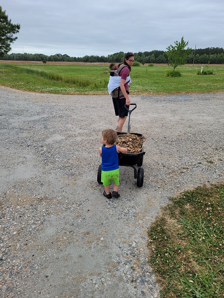 Mother with her baby pulling a cart of woodchips while their toddler pushes