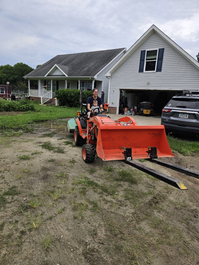 Bucket forks attached to a kubota subcompact tractor